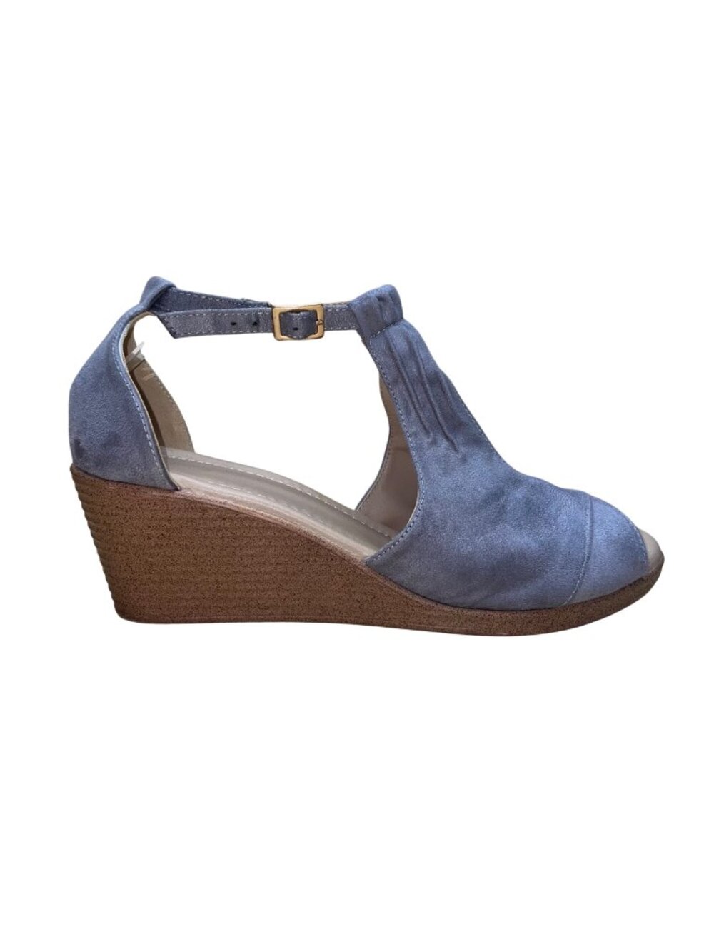 Journee Collection Women’s Gray Suede Open Toe Ankle Strap Wedge Sandals Size 9